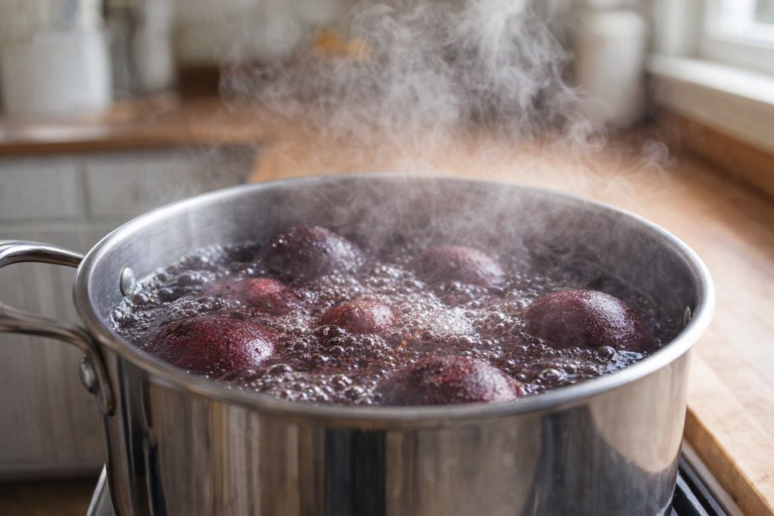 A side-angle shot of beets boiling in a stainless steel pot, with steam rising and bubbles forming on the surface, bright kitchen lighting